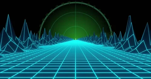White radar sweep starting left rotating right, sending blips, pulsing horizon, Stock Footage 321453427