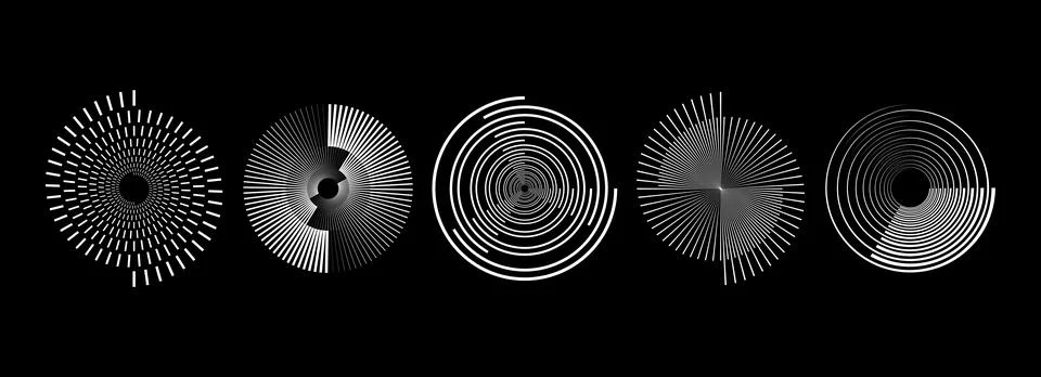 White radial spiral pattern set. Circular spinning speed line form collection Illustrazione stock