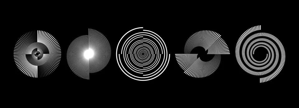 White radial spiral pattern set. Circular rotating speed line form collection Stock Illustration
