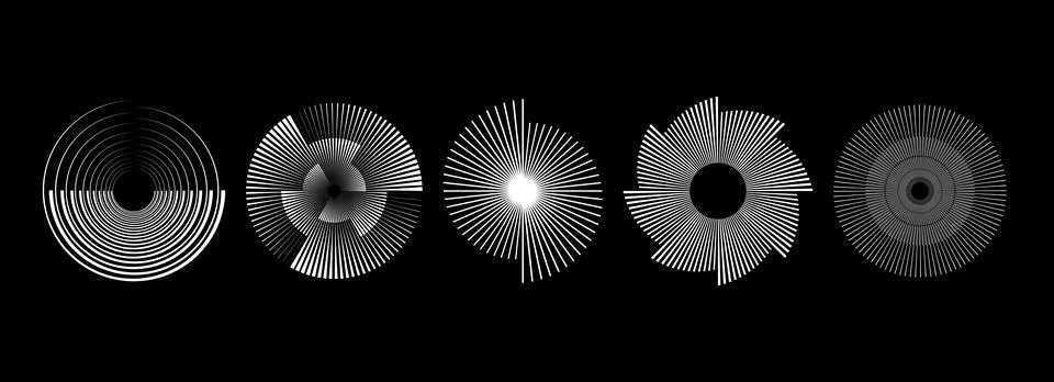 White radial spiral pattern set. Circular spinning speed line form collection Stock Illustration