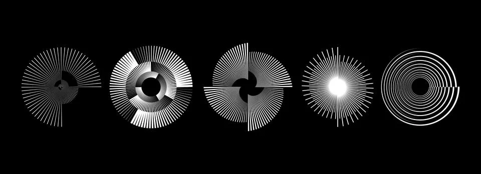 White radial spiral patterns set. Circular spinning speed line forms collection Stock Illustration
