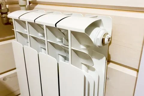 White radiators of heating system. New building house, heating i Stock Photos