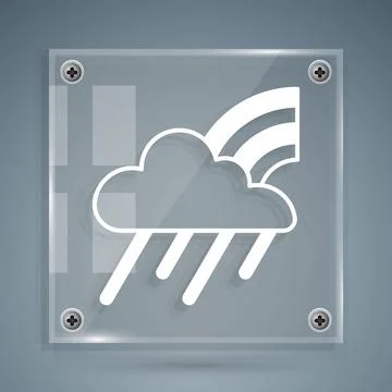 White Rainbow with cloud and rain icon isolated on grey background. Square glass Stock Illustration