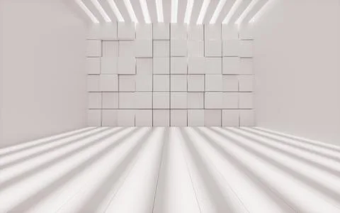 White randomly arranged cubes with empty room, 3d rendering. Stock Illustration