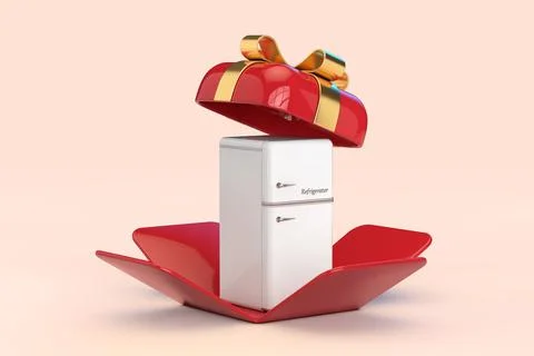 White Rare Refrigerator in Opened Red Gift Box with Golden Ribbon. 3d Renderi Stock Illustration