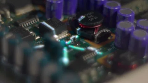 The white rays grows from the printed circuit board with electronic components Stock Footage 313231154