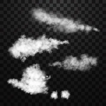 White realistic fluffy clouds or fog or smoke on transparent background Stock-Illustration
