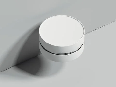 White realistic round box next to the grey wall. 3d rendering Stock Illustration