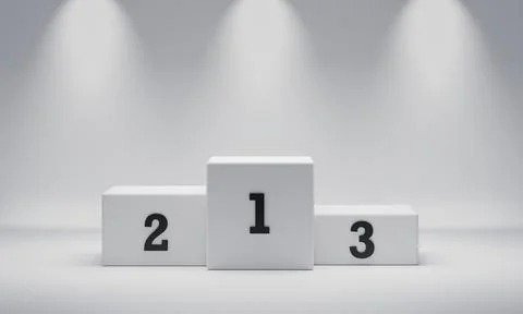 White rectangle cube winner podium on spotlight background with number plac.. Illustrazione stock
