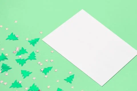White rectangle poster or card mockup with soft shadows on christmas mint bac Stock Photos