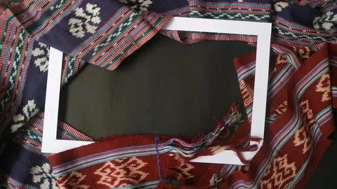 White rectangle shape decorated with woven fabric, textured textile background Foto stock