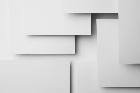 White rectangles paper spaces fly with shadows, glow, stripes as complex abst Stock Photos