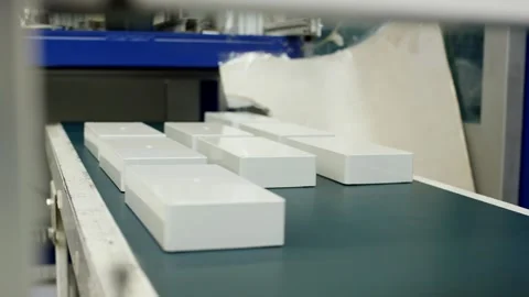 White Rectangular Blocks On Conveyor Belt, Industrial Production Line, Wide Shot Stock-Footage 341434666