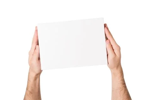 White rectangular box in male hands. Top view. Isolate 스톡 사진