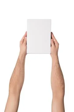 White rectangular box in male hands. Top view. Isolate Stock Photos