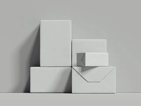 White rectangular boxes stand next to the grey wall, 3d rendering 스톡 일러스트