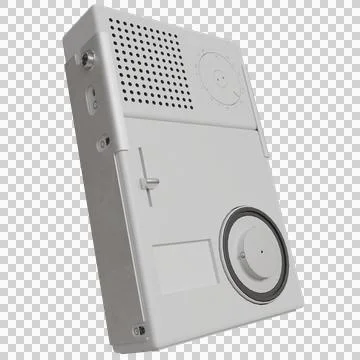 Off-white rectangular device with perforated speaker grille, a small lever Stock Photos