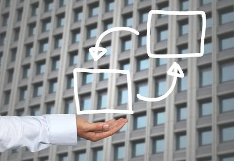 White rectangular of Hand drawn empty on hand businessman and skyscraper ba.. 스톡 사진