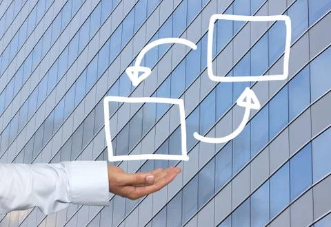 White rectangular of Hand drawn empty on hand businessman and skyscraper ba.. Stock Photos