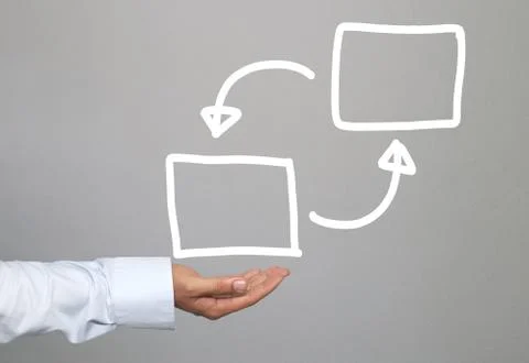 White rectangular of Hand drawn empty on hand businessman isolated on gray .. Stockfoto's