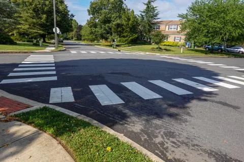 White rectangular intermittent crosswalk markers painted on the asphalt road  Stock Photos