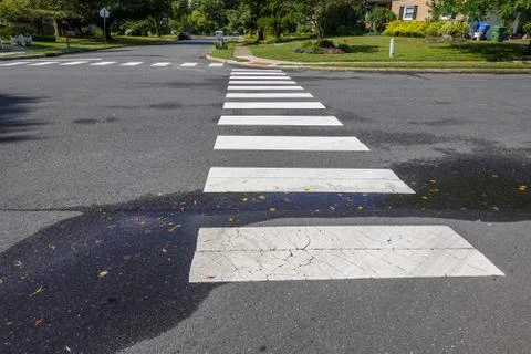 White rectangular intermittent crosswalk markers painted on the asphalt road  Stock Photos
