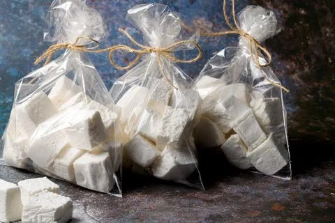 White rectangular marshmallow. Homemade cooking 스톡 사진