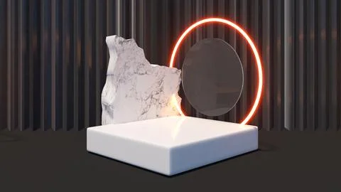 White rectangular mock up On the black background and mable stone, neon light Stockillustratie