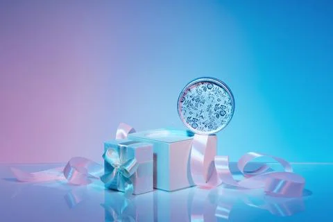 White rectangular podium with satin ribbon, gift boxes , neon background, . Foto stock