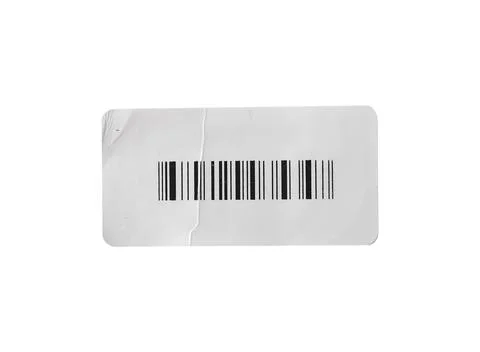 White rectangular sticker with printed black barcode and subtle surface cre.. 스톡 사진