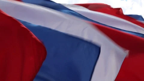 White red blue flags waving wind background closeup Russian national symbol Stock Footage 107790477