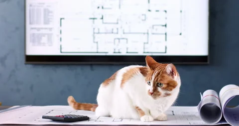 White-red cat sits on table with drawings near calculator Video stock 243825530