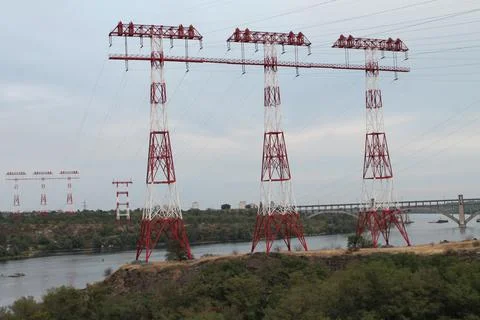 White-red towers on the river bank Stockfoto's