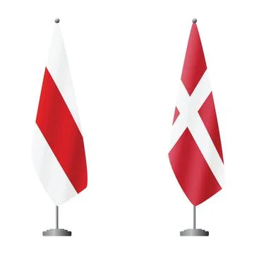 White-red-white flag historical symbol of Belarus and Denmark flags on flagpoles Illustrazione stock