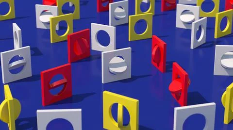 White, red, yellow square shapes. Blue background. 3d render. Stock Illustration