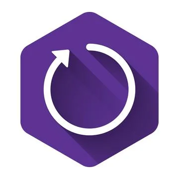 White Refresh icon isolated with long shadow. Purple hexagon button. Vector Illustrazione stock