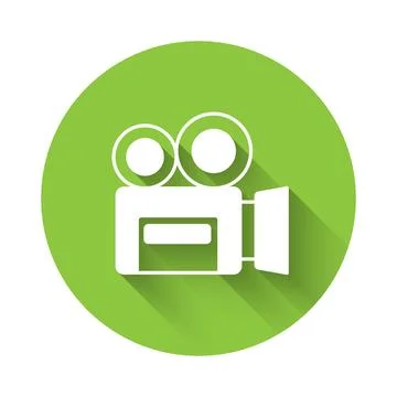 White Retro cinema camera icon isolated with long shadow background. Video .. Illustrazione stock