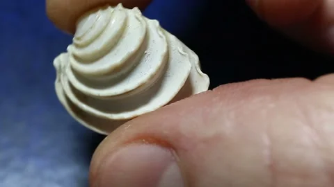 A white ribbed bivalve seashell in the hands, the mollusk has a stepped furrowed Stock Footage 149220765