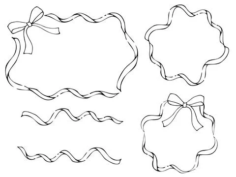 White ribbon frames. Hand drawn monochrome illustrations. Stock Illustration