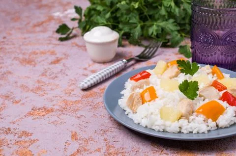 White rice with chicken Stock Photos