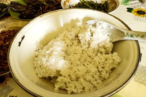 White rice is served on the dining table Stock Photos
