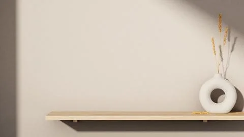 White ring shaped flower vase on floated hanging wooden shelf with sunlight.. 库存插图