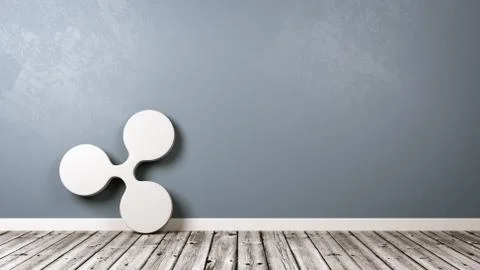 White Ripple Cryptocurrency Symbol Shape on Wooden Floor Against Blue Wall Stock Illustration