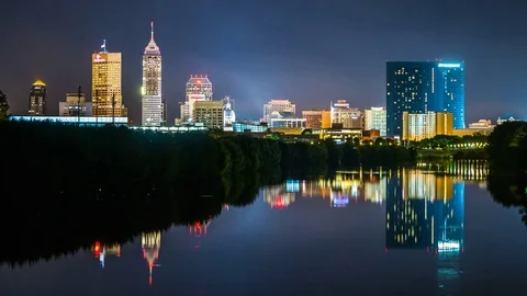 White river time lapse in indianapolis with skyline at night 4K 1080P Stock Footage 77576050