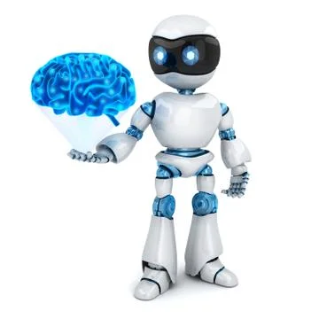 White robot and abstract blue brain. 3d illustration Ilustración de archivo