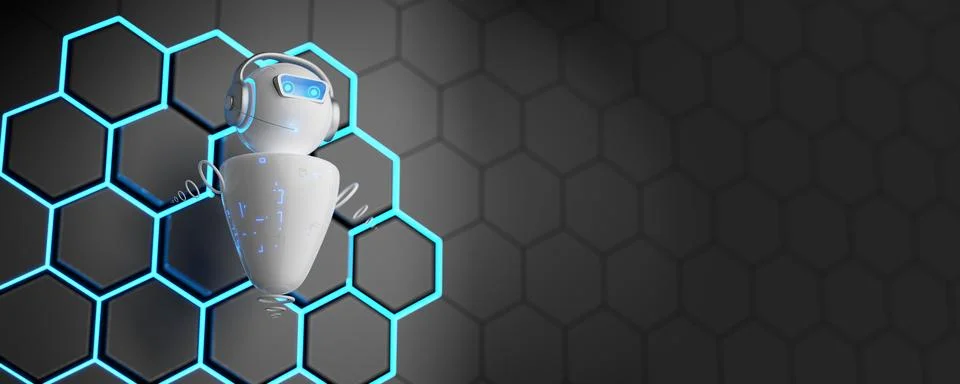 White robot on a background of hexagons. Communication with artificial inte.. Stock Illustration