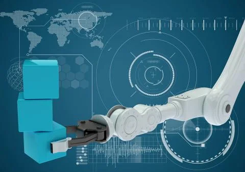 White robot claw with blue boxes against white interface and blue background Stock Illustration