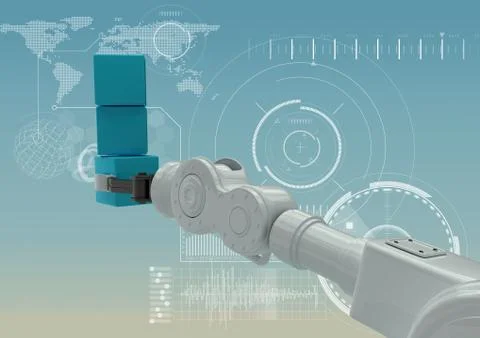 White robot claw with blue boxes against white interface and blue background Ilustración de archivo