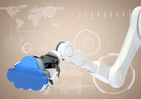 White robot claw with blue cloud against white interface and cream background Stock Illustration