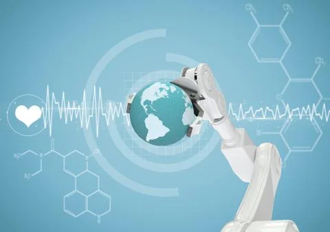 White robot claw with globe against white medical interface and blue background Illustrazione stock
